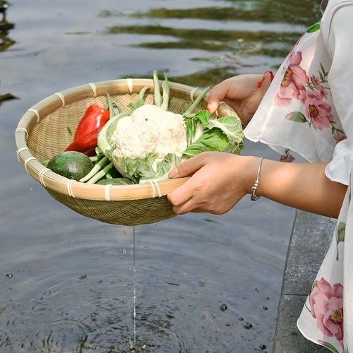 竹编青头层皮米箩圆形精质z洗菜厨房收纳篮筐沥水簸箕果篮