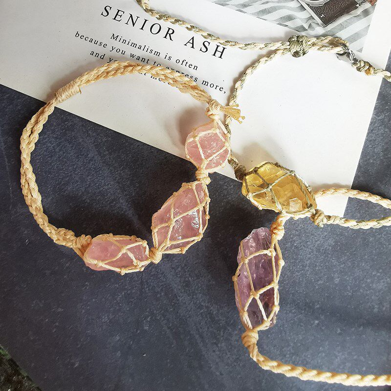 Macrame编绳手链手工进口蜡线白紫黄粉水晶N闪灵萤石手链 手串礼