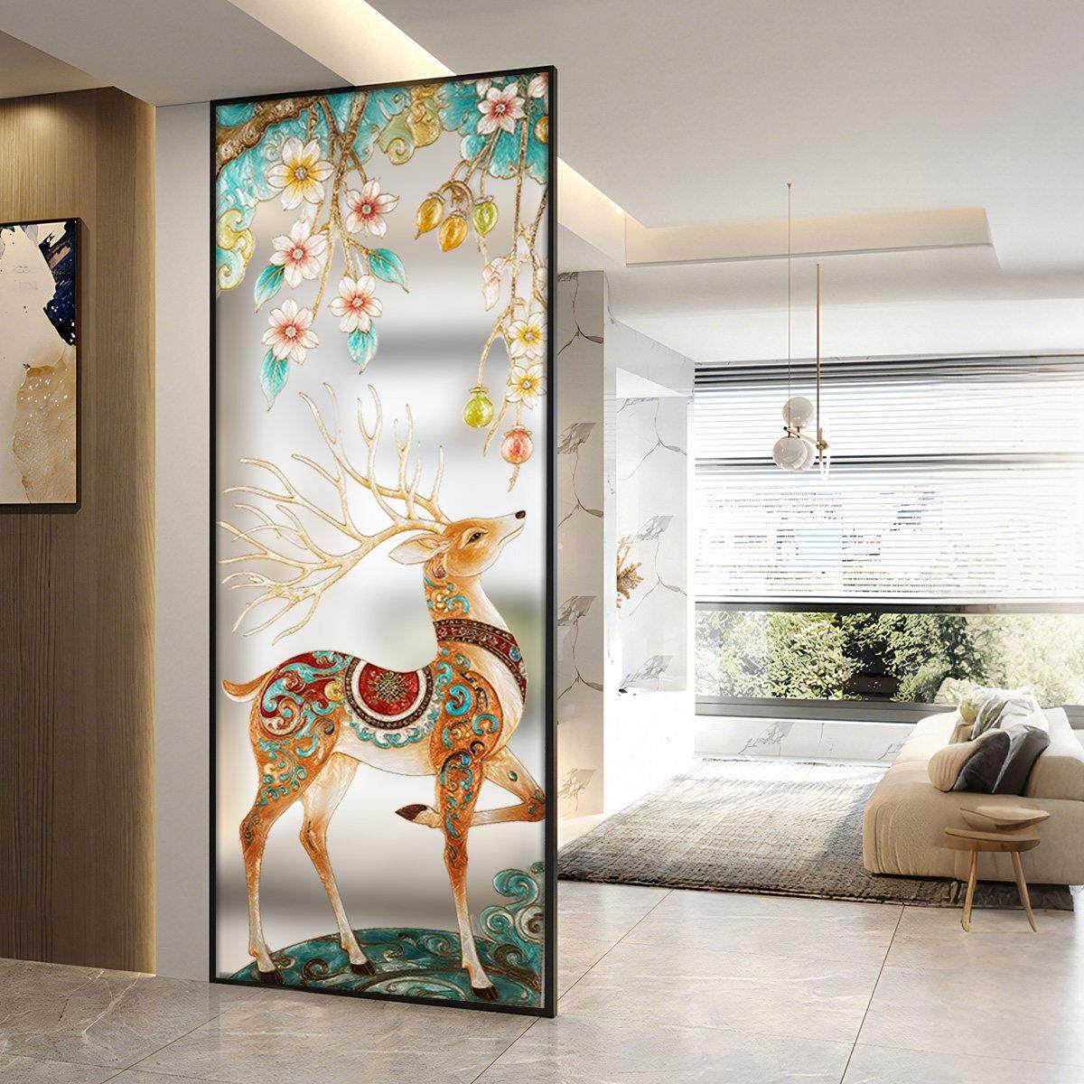 纯手绘掐丝珐琅彩艺术屏风入户对客厅玄关隔断北欧发财鹿高档定做