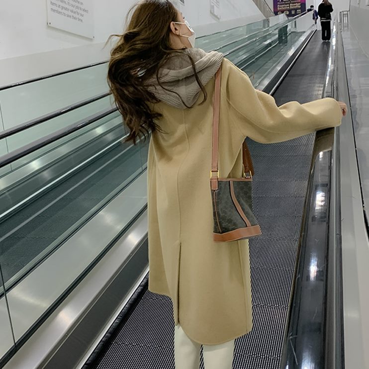 法式双面尼大衣女中长款毛呢外套感新款卡其色高级冬休闲气质2023