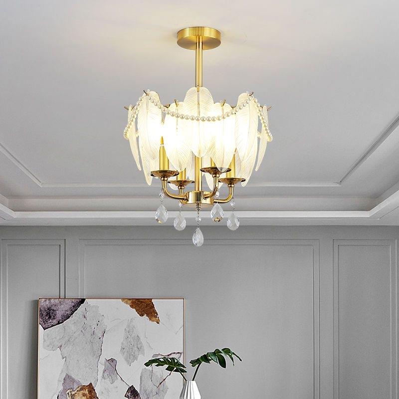 法式毛吸奢顶灯具奶油风卧羽30室灯圆形创意复古玻璃轻水厅晶客吊