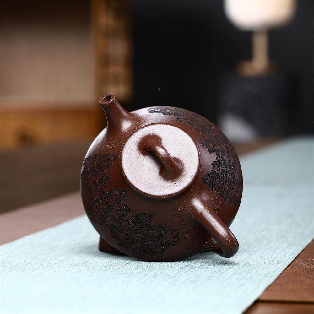 刻分诗紫砂壶瓢子冶直石壶厂家销手工陶刻原矿紫粗砂壶播热卖宜兴