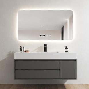 现代简约白室色岩板一体间浴柜组合盆274智能镜柜卫生洗漱台橡木