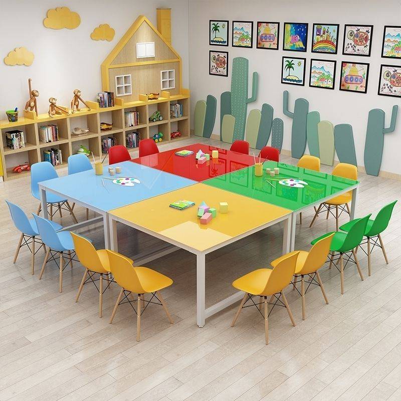 幼儿园绘画桌儿童画画桌学生课桌椅美术教室桌子拼接手工桌彩色桌