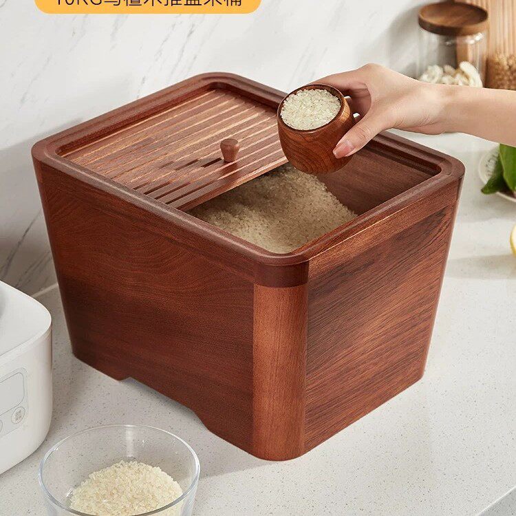 家用简约大米收纳木桶五谷杂粮储藏盒方型木质密封米桶储米木桶盒