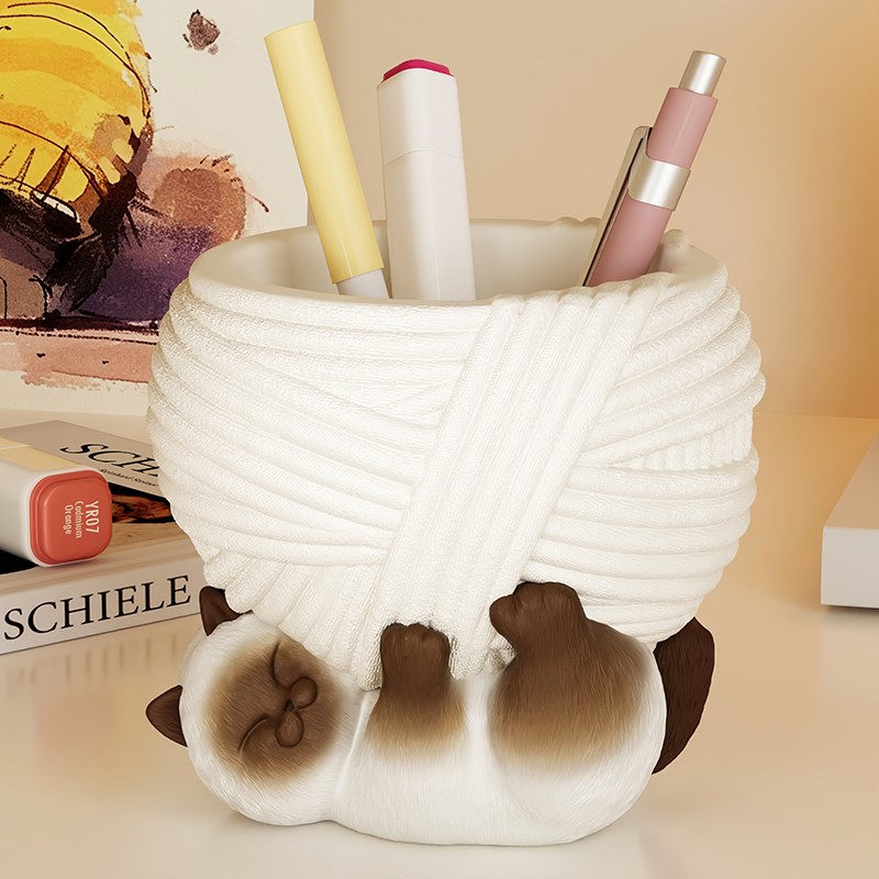 创意可爱卡通暹罗猫桌面笔筒小摆件书房大容量收纳V送女生生日礼