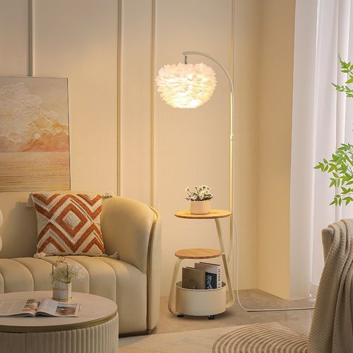 奶油风羽毛落地灯客厅沙发边旁几置物架装K饰摆件氛围感卧室床头