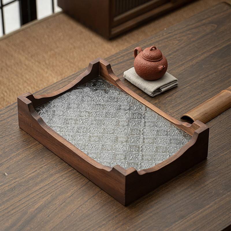 胡桃木托盘家用实木长方形茶台钢化玻璃窗花茶具茶点茶奉干泡盘