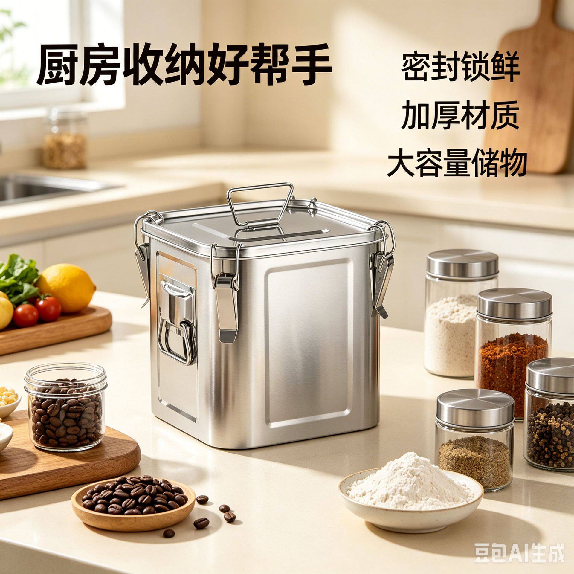 加厚方形不锈钢桶双耳带卡扣密封桶防潮密封罐家用陈皮桶米桶