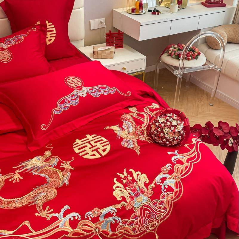 婚中式高档婚庆四件床套大红色刺绣结陪嫁被结婚四件套床单新婚房