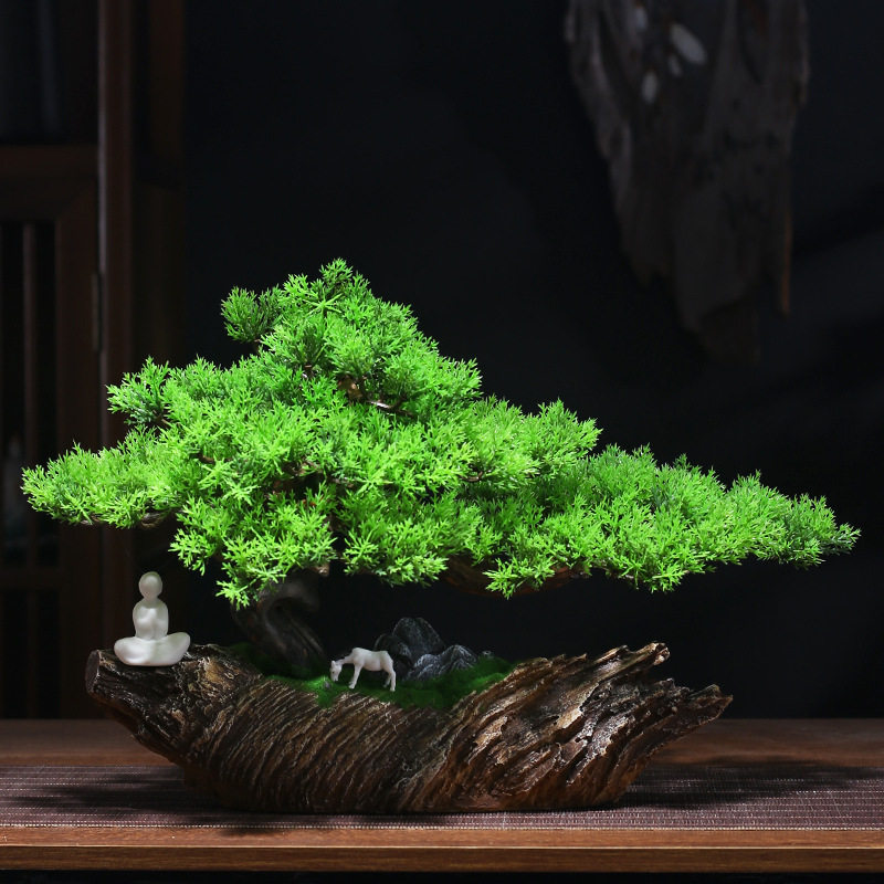 仿真迎客松绿植树叶树枝盆栽假花塑料花摆件假松树道具盆景装饰品