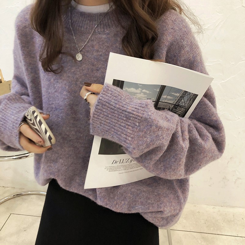 秋冬装新款大码女装韩系ins小宽松圆领设计长袖慵懒百搭套头毛衣