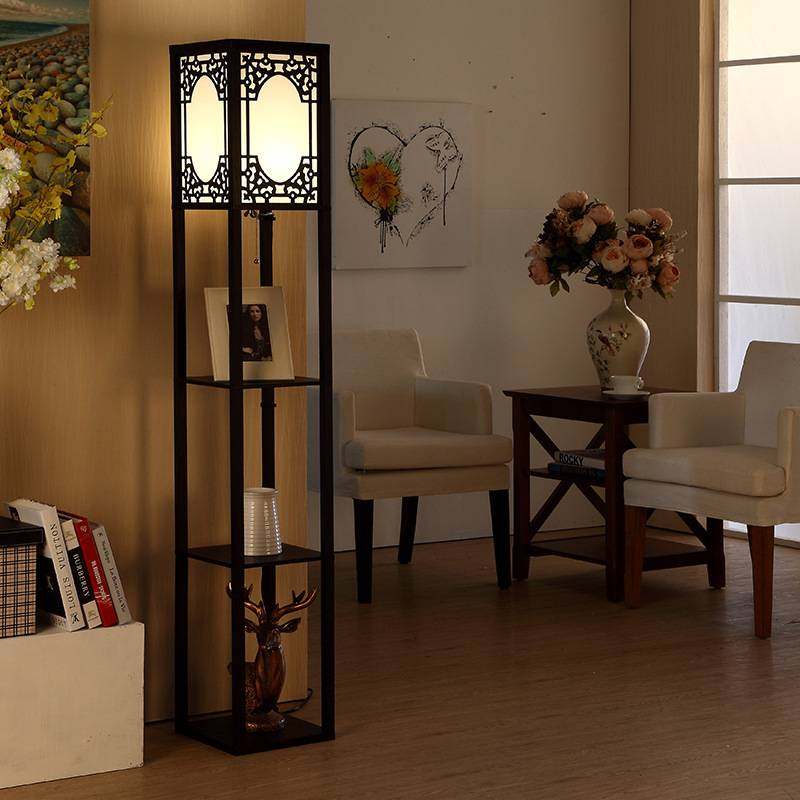 跨境亚马逊新中式落地灯客厅现代简约木质卧室立式台灯置物架灯具