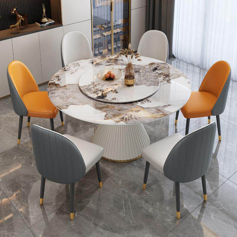 奶用油风轻奢岩板餐桌椅组合现代户简带转约盘918家小型圆餐桌带