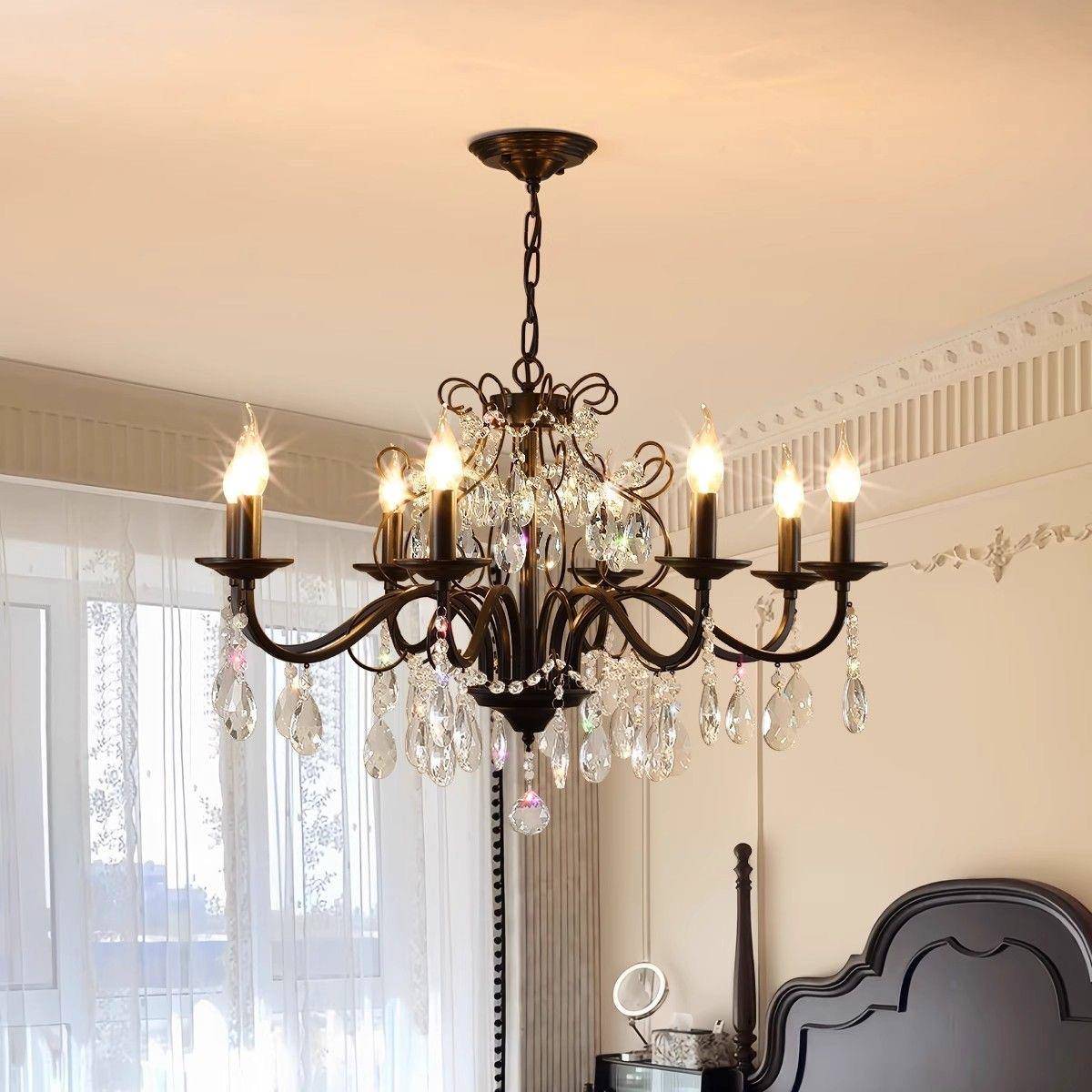法60式黑灯色水晶吊端简约复古大气客厅吊灯高奢创轻意卧室蜡烛吊