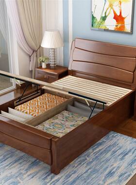 厂EHZ销中式实木床1.m单人床12.35小户型现代简约儿童储物家高箱