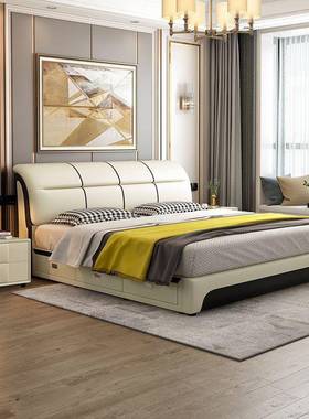简约现代皮床卧1.8米双人床PRZ1.5主技卧大床室榻米榻米储物科布