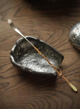 物乾茂兽号造鹿虎茶勺精雕刻纹纯锡茶则锔IOP钉做旧集玩石纹肌理