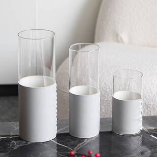 轻奢皮革圆筒玻璃花器摆件简约大口径圆柱水培花瓶家居样板房饰品