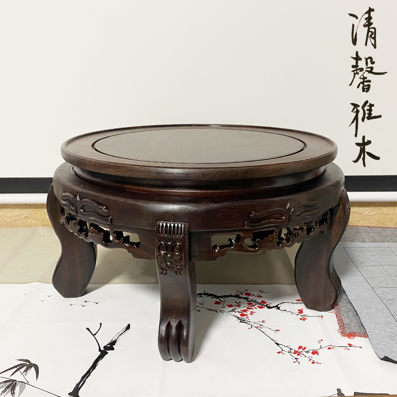 红木圆形酒坛酒瓶花盆花瓶瓷器盆景鱼缸古董N玉器摆件底座实木托