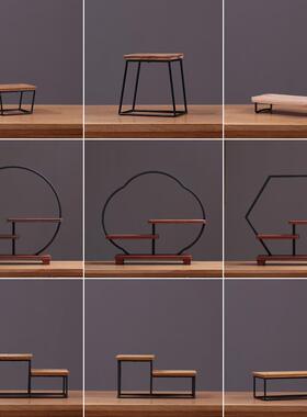 禅意实木置物架摆件创意桌面饰品茶几铁艺方格子中式博古架工艺品