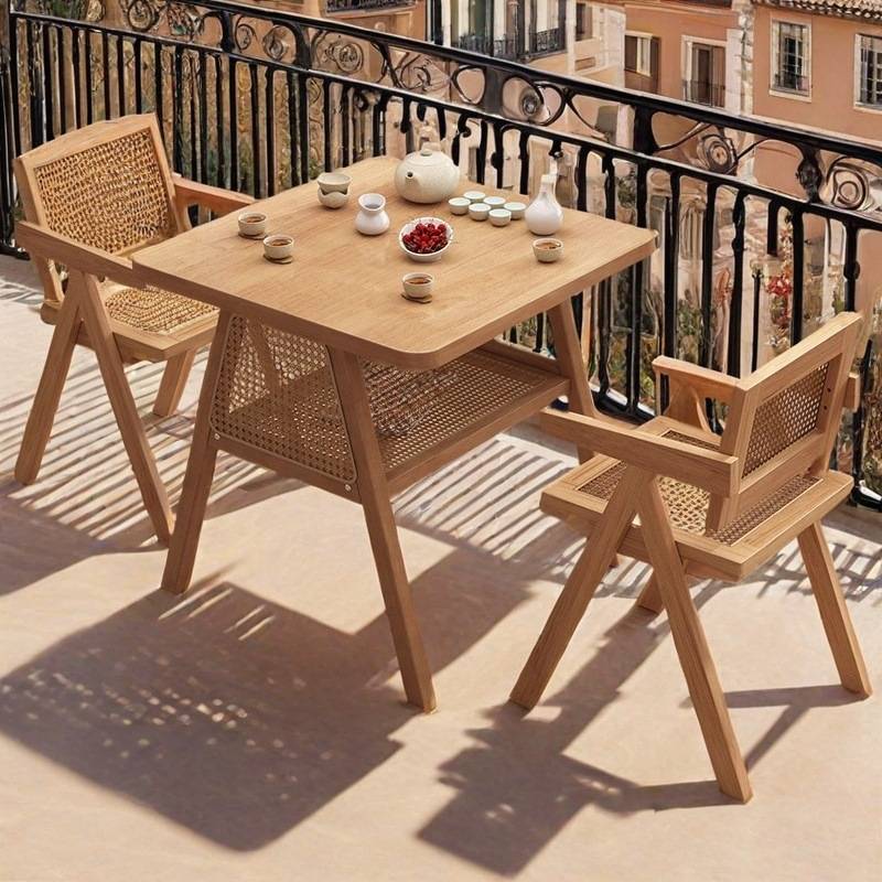 实木阳台茶桌椅组合简约洽谈桌网红一桌两椅小户型休闲藤椅三件套