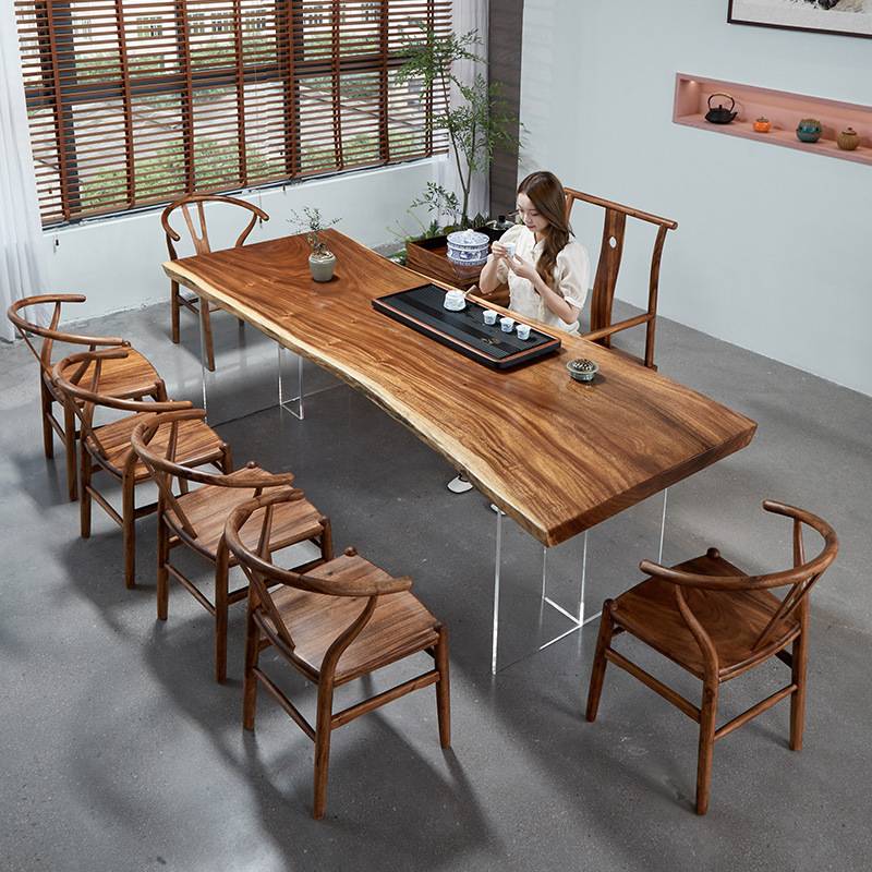 南美胡桃木大板茶桌亚克力腿茶几泡茶桌办公室高档实木茶桌椅组合