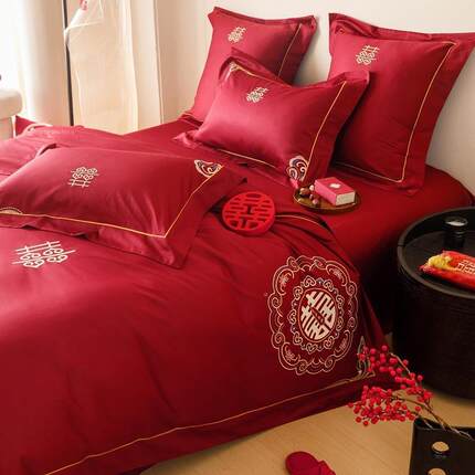 新OUQ中式红色喜庆纯棉绣长绒四棉件喜套全棉刺喜字被套被床上用