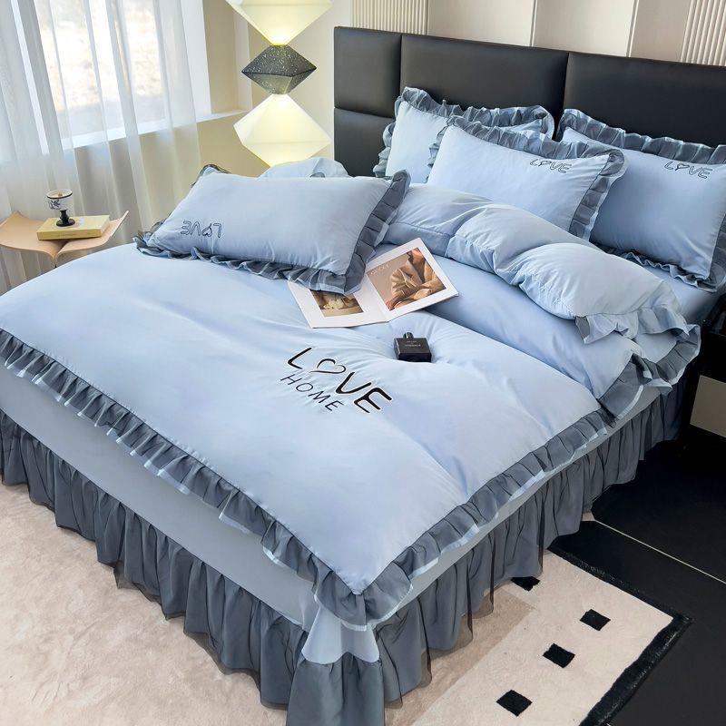 云24AQt2rx朵棉版刺绣四件套纯色蕾花边床裙款公主风A类季韩款6四