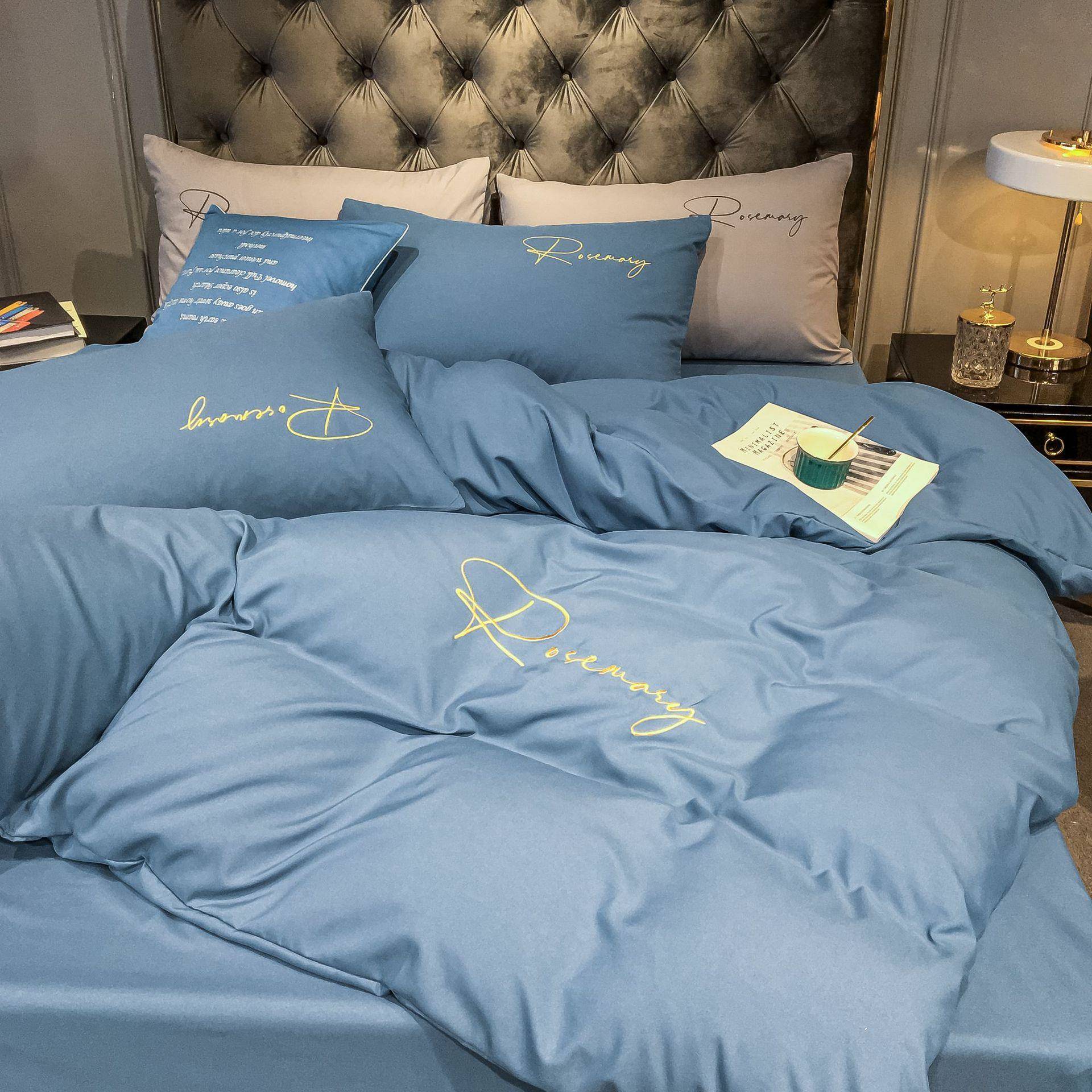 厂家水床洗凉感简约拼色刺绣四件套纯色SZC单套床笠床丝上用品件