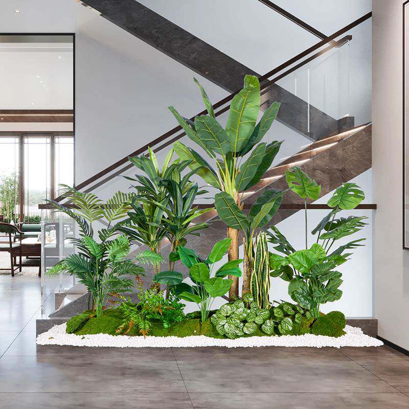 真绿景植造玄绿植关仿摆楼梯下商场假植物热带景观假树室内盆栽装