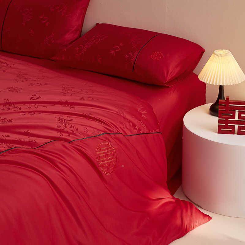 结婚件套F8STTH喜红色竹子提婚花四被套纯棉床单婚庆床新庆陪嫁床