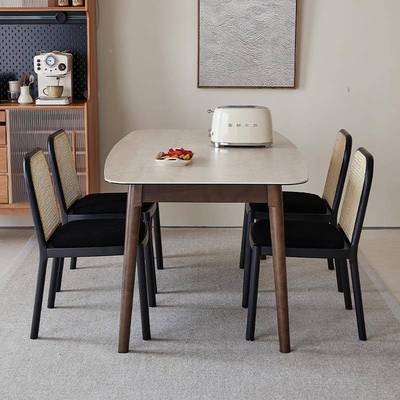 7K法式胡桃型色小实LGJ木餐桌户餐桌椅组合复风古洞石岩板奶油餐