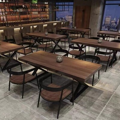 复古餐厅美食店实木餐桌椅组合工业风商用餐饮小吃饭店长方形桌子