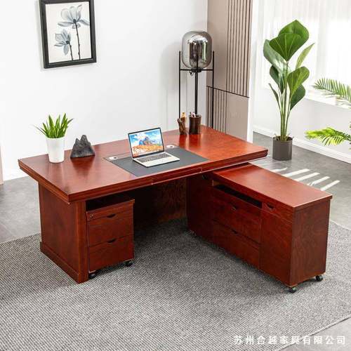 班台老板桌简约现代实木贴公桌椅皮办组合6262652大气总裁桌中式