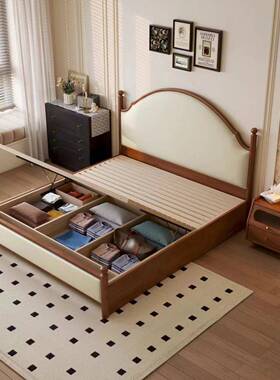 1.8米软包床床美式实木床主RDD卧室1.5法床式包中古风婚高箱软设