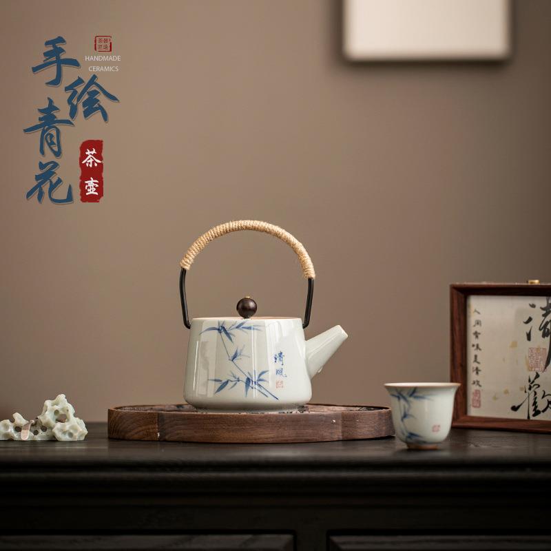 创意手绘竹子茶壶中式陶瓷提梁壶带过滤单壶釉下彩茶水壶复古提壶