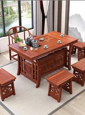 实木茶桌椅组新中合式泡茶台茶几办公TQI室茶接待台桌客厅榆木茶