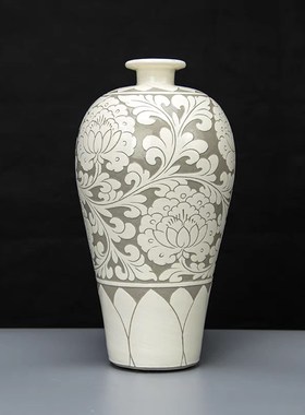 磁州窑安氏仿宋黑白釉剔花牡丹梅瓶家居装饰花瓶W摆件邯郸特产