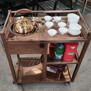 酒楼酒水车茶水移动泡茶车不锈钢服务车玫瑰金煮茶车餐厅茶桌茶几