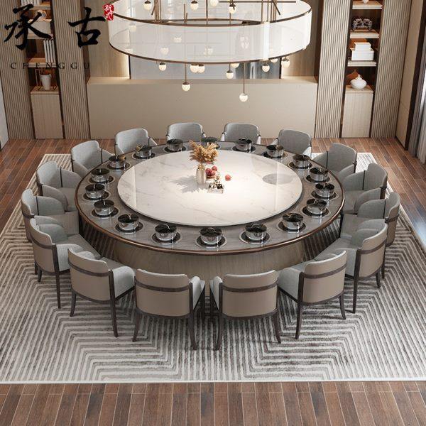 新中式现代轻奢餐桌椅酒店大理石高档电动电磁炉大圆桌火锅桌定制