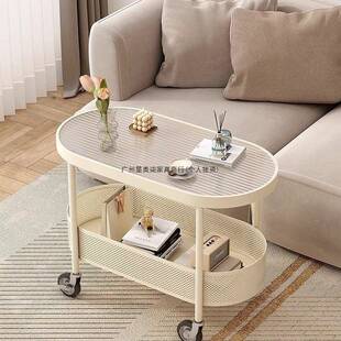 奶油风代现小户型客厅移动茶几沙发NBI侧小边玻璃带简约收纳轮推