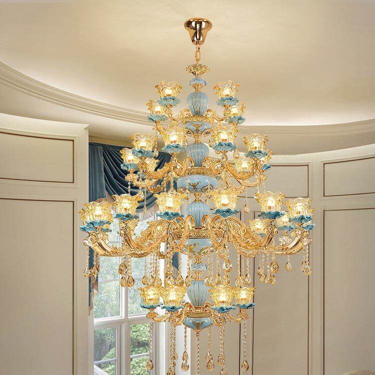 欧式复灯式空楼别墅中客厅大17吊楼灯楼中楼挑空跃层loft长梯水晶