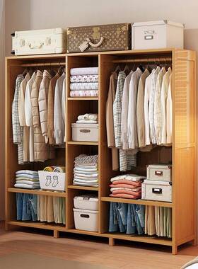 封简实木衣柜家用卧室出租房组装加粗柜衣帽架衣LFM橱易全闭拉帘