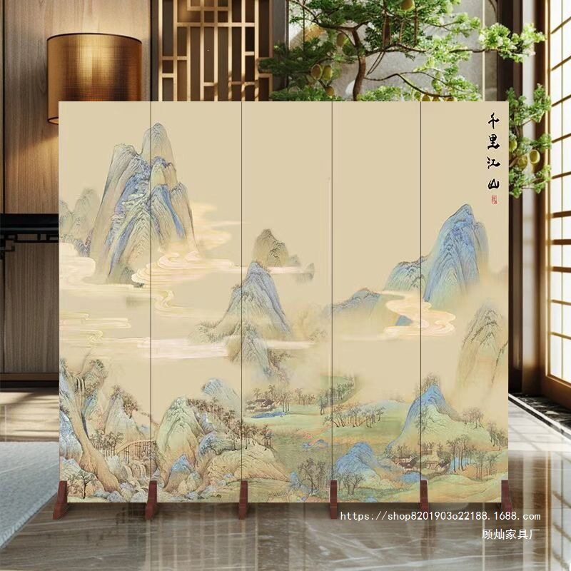 实木折叠屏风隔断茶室酒店可移动遮挡中式花鸟图案简约现代风格