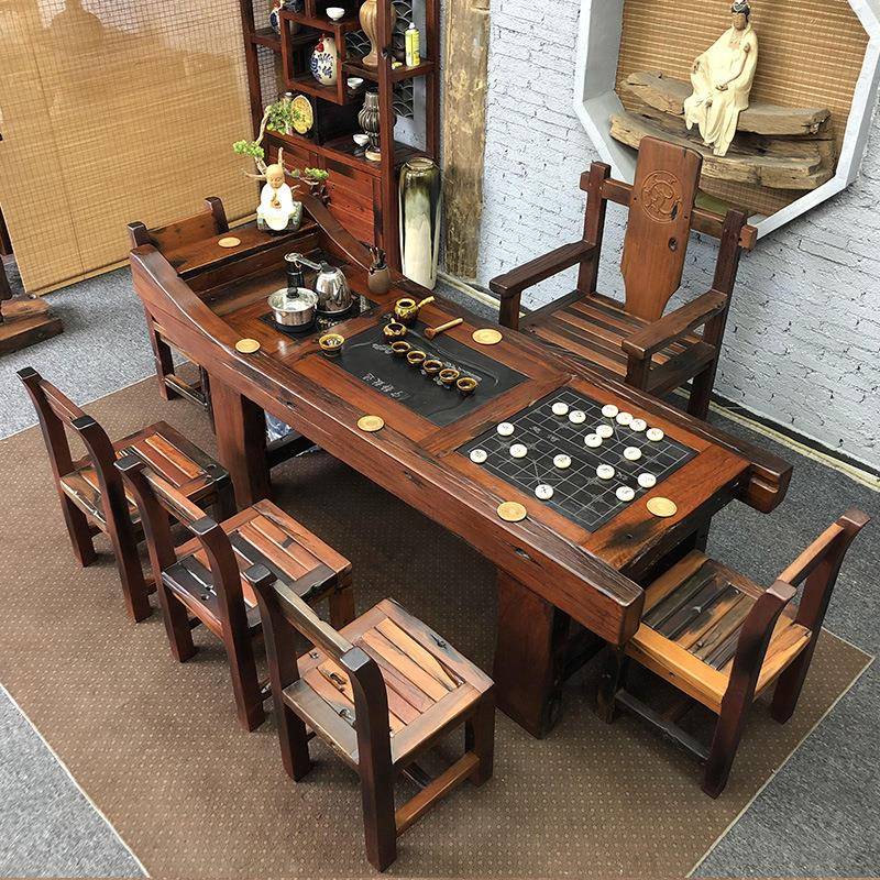老船木茶茶桌椅合实KFJ木公茶几家办用客厅泡组台茶具套装一体