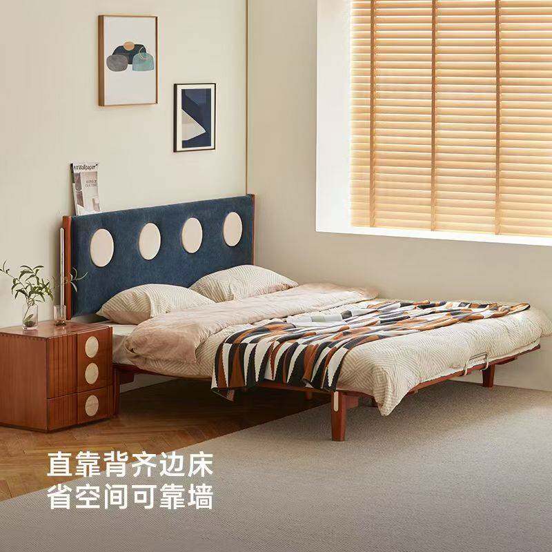 实木齐边床小户型次卧中古软包双人床无边无床头榻榻米床复古风床