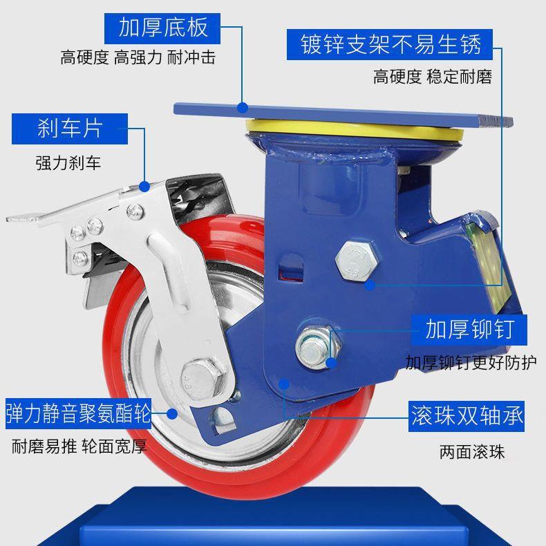 重轮型向双弹簧减震脚轮子聚氨酯795万轮耐静音省力手推车刹磨车