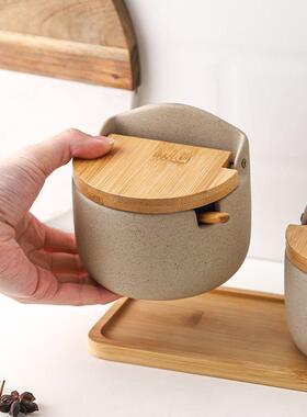 日式厨房复古调罐简约装盐陶瓷三套装味相思木托盘带盖刻件100177