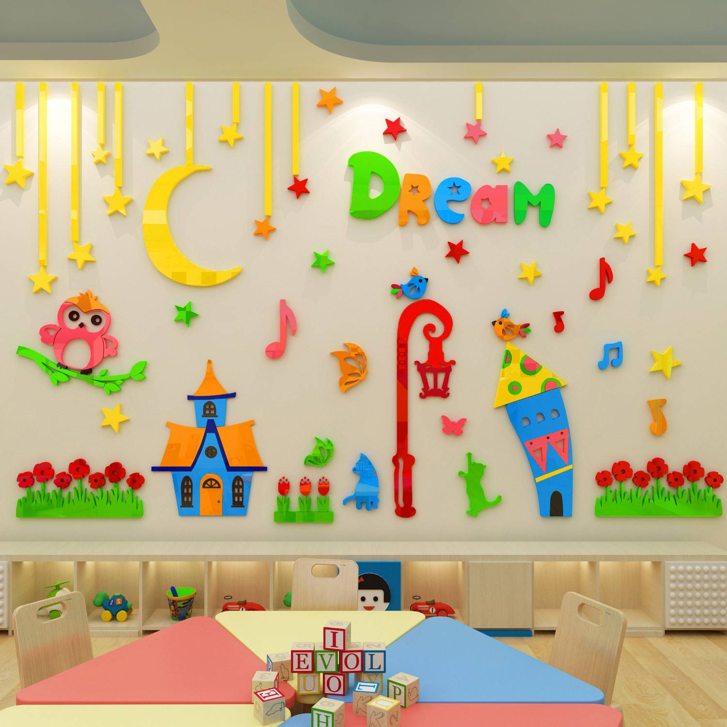 装饰幼儿园儿童房3d立体亚克力墙贴教室卡通墙贴猫头鹰月亮游乐园